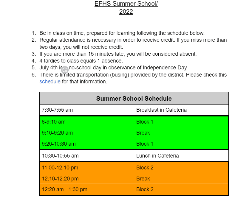 School and Bus Information for 8th grade students/Incoming Freshman for Summer