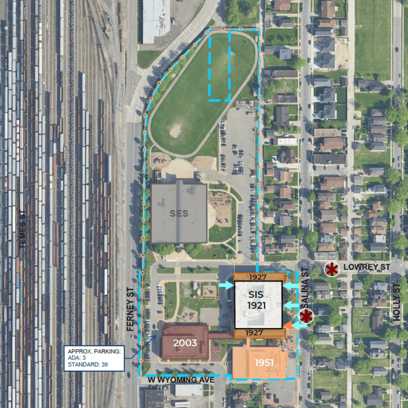A satellite image showing the original Salina Intermediate was built in 1921 with additions in 1927, 1951, and 2003.