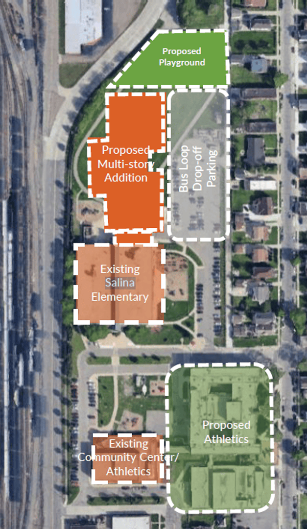 An illustration showing the site plan for the Salina Campus including building a multi-story